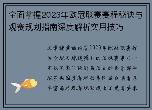 全面掌握2023年欧冠联赛赛程秘诀与观赛规划指南深度解析实用技巧