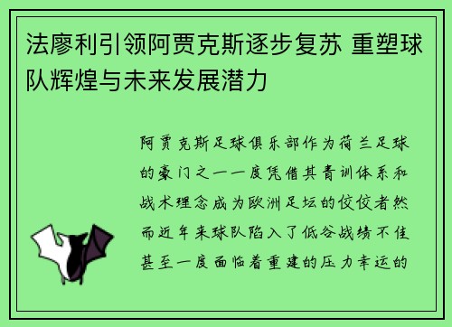 法廖利引领阿贾克斯逐步复苏 重塑球队辉煌与未来发展潜力